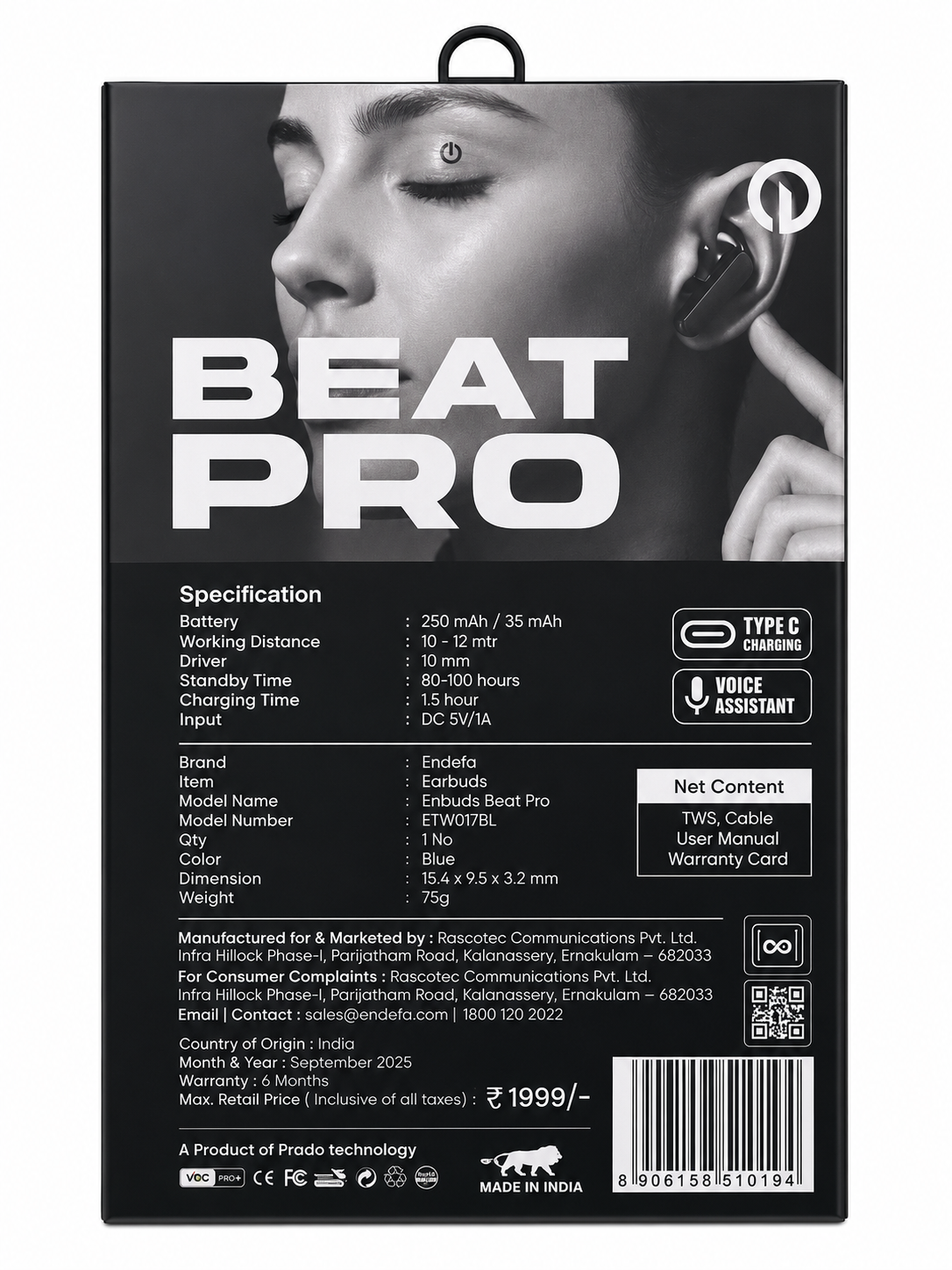Endefo Beat Pro True Wireless Earphones – Bluetooth 5.3, 30 Hrs Playback, 10mm Drivers & Fast Charging (Blue)