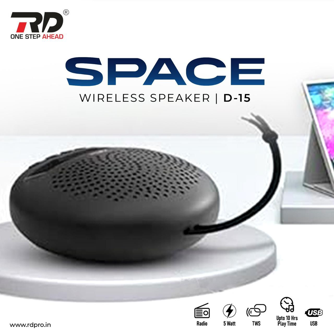 RD Space D-15 Wireless Bluetooth Speaker | 5W Output | TWS Pairing | FM Radio | Up to 10 Hours Playtime | Portable Mini Speaker