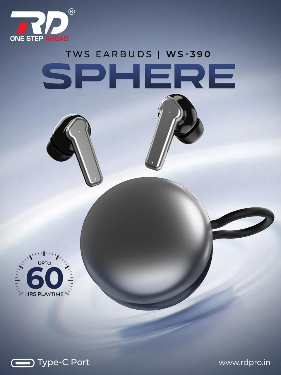 RD SPHERE WS-390 TWS Earbuds – 60 Hours Playtime Wireless Bluetooth Headphones with Type-C Fast Charging