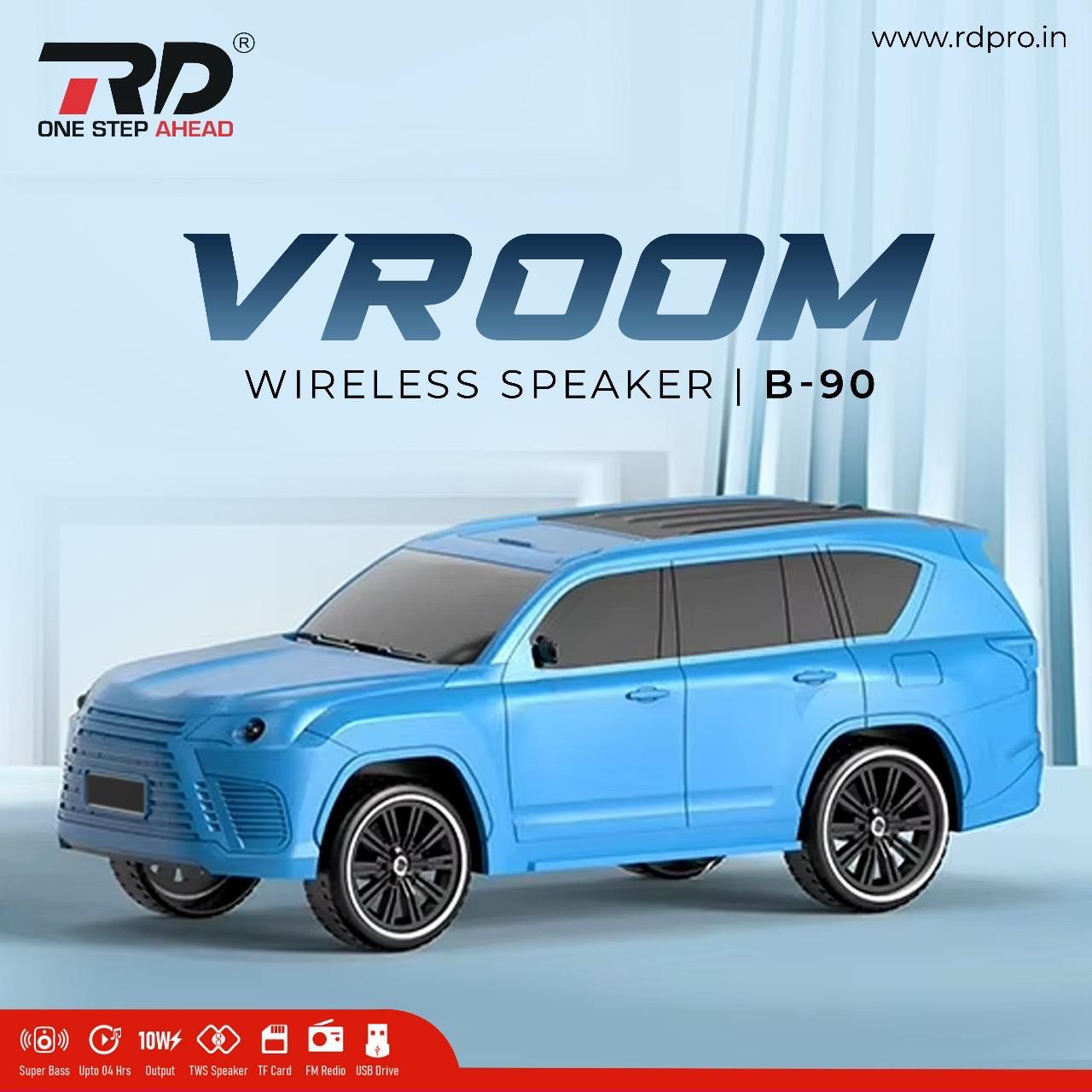 RD Vroom B-90 Wireless Bluetooth Speaker | 10W Output | Car Design Speaker | TWS | FM Radio | USB/TF Card Support