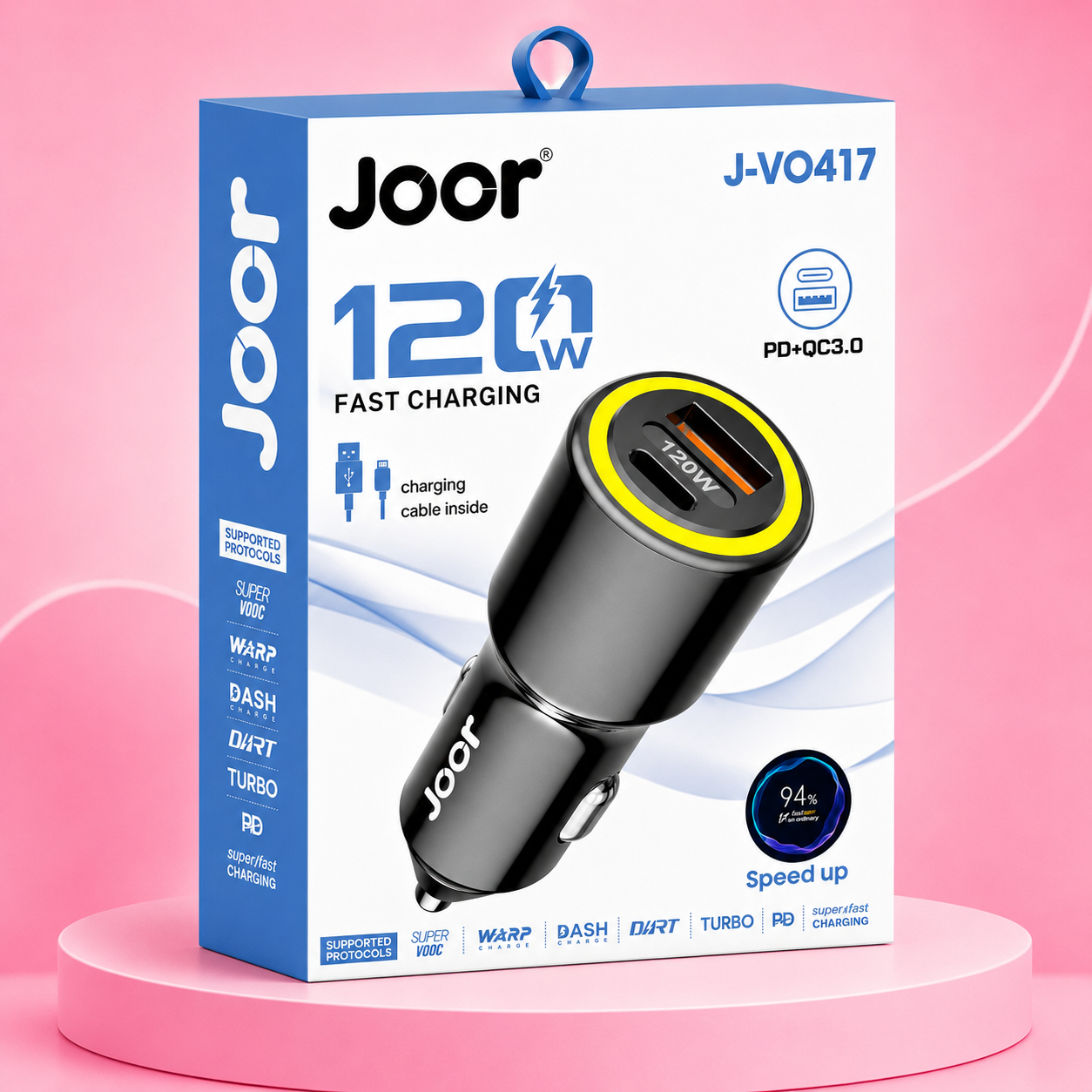 Joor J-VO417 120W Dual Port Car Charger (PD + QC 3.0) – Includes Fast Charging Cable