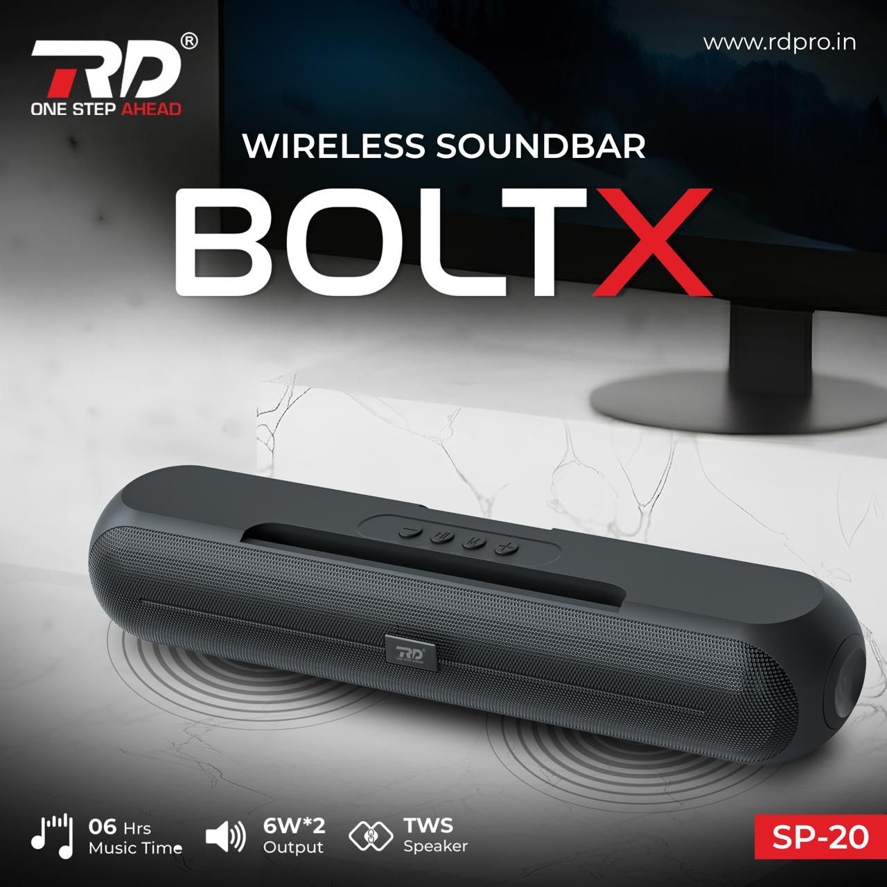 RD Bolt X SP-20 Wireless Soundbar | 12W (6W×2) Stereo Output | TWS Pairing | 6 Hours Playtime | Bluetooth Soundbar