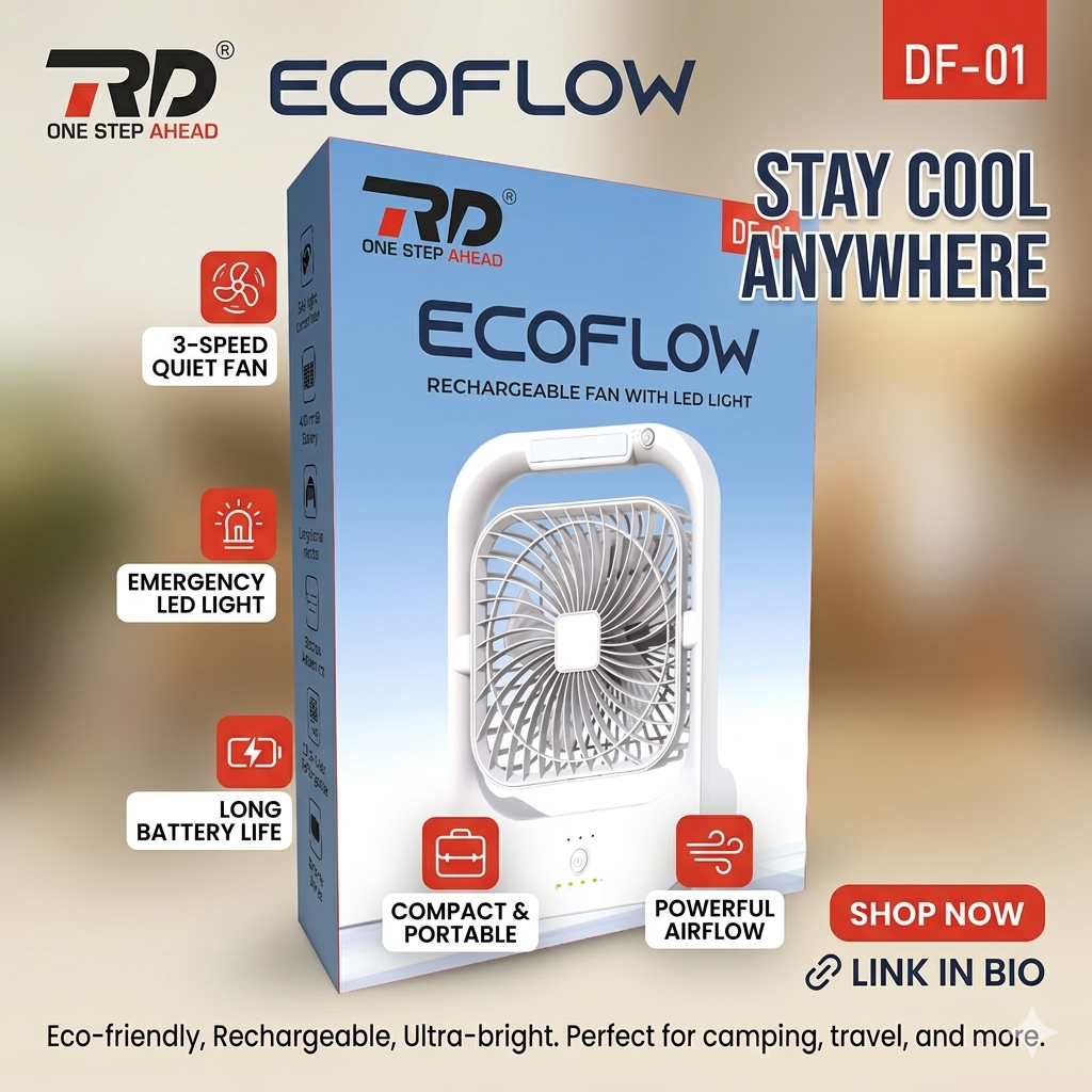 RD Ecoflow DF-01 Rechargeable Fan with LED Light – 4000mAh Battery & Solar Charging Support