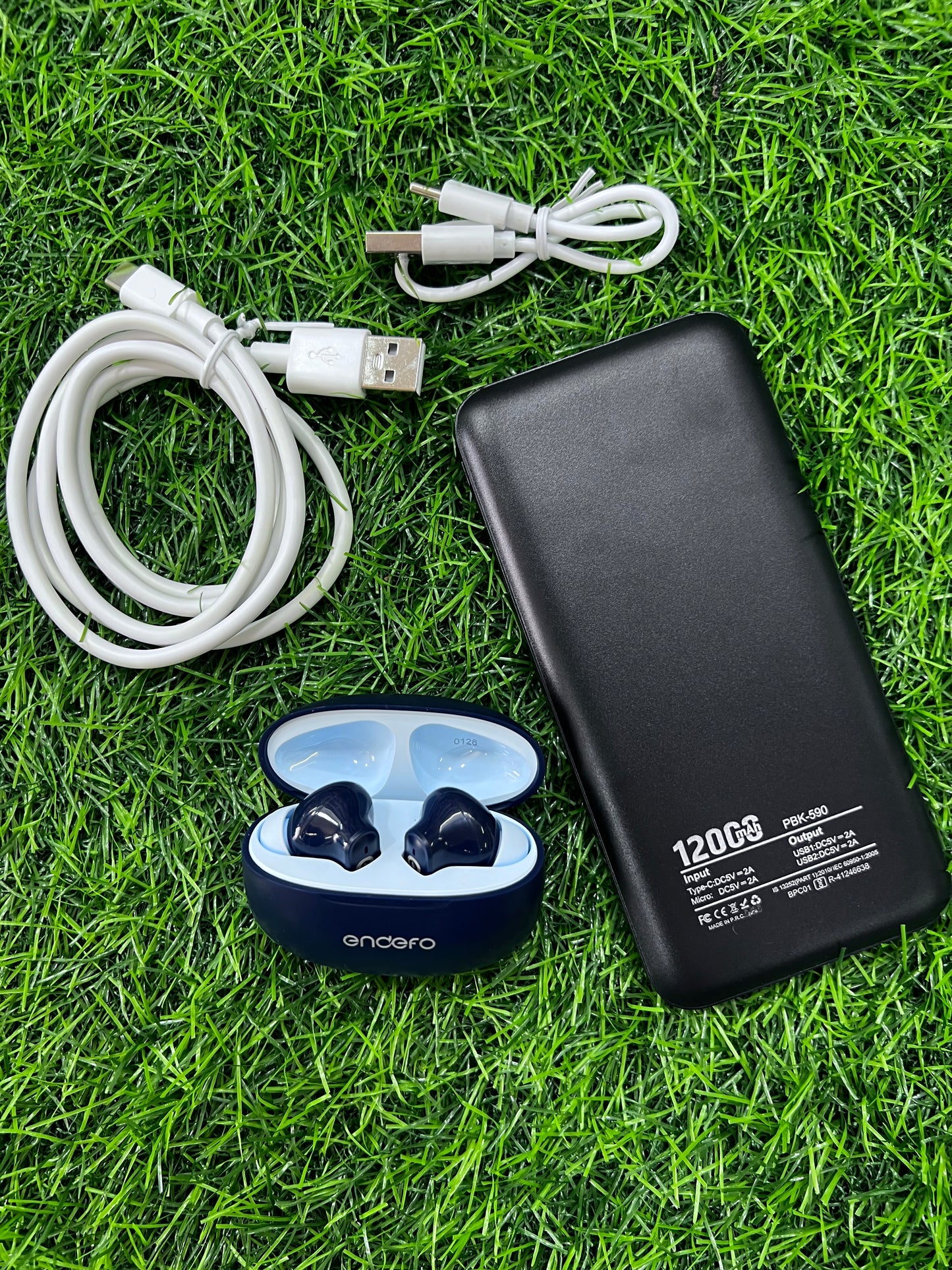 3-in-1 Ultimate Tech Combo Pack – Endefo Beat Pro TWS Earbuds (30H Playtime) + 12000mAh Power Bank (15W) + Type-C Fast Charging Cable (2.4A)