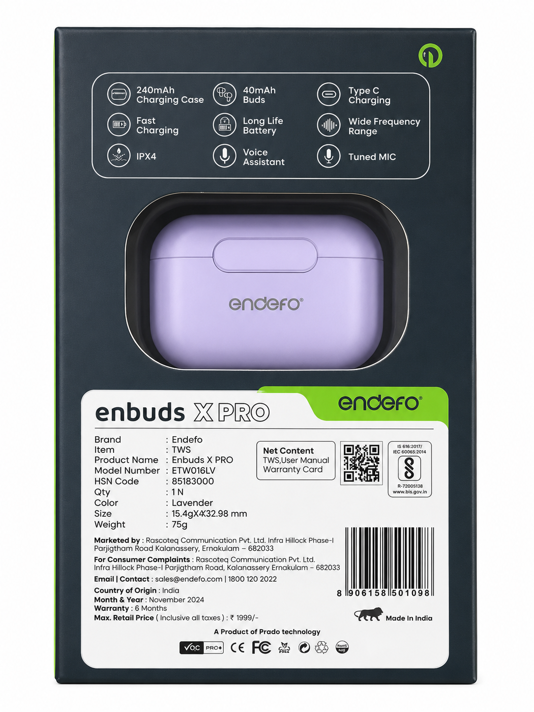 Endefo Enbuds X Pro True Wireless Earphones (Lavender) – Bluetooth 5.3, 25 Hrs Playback & IPX4 Water Resistance