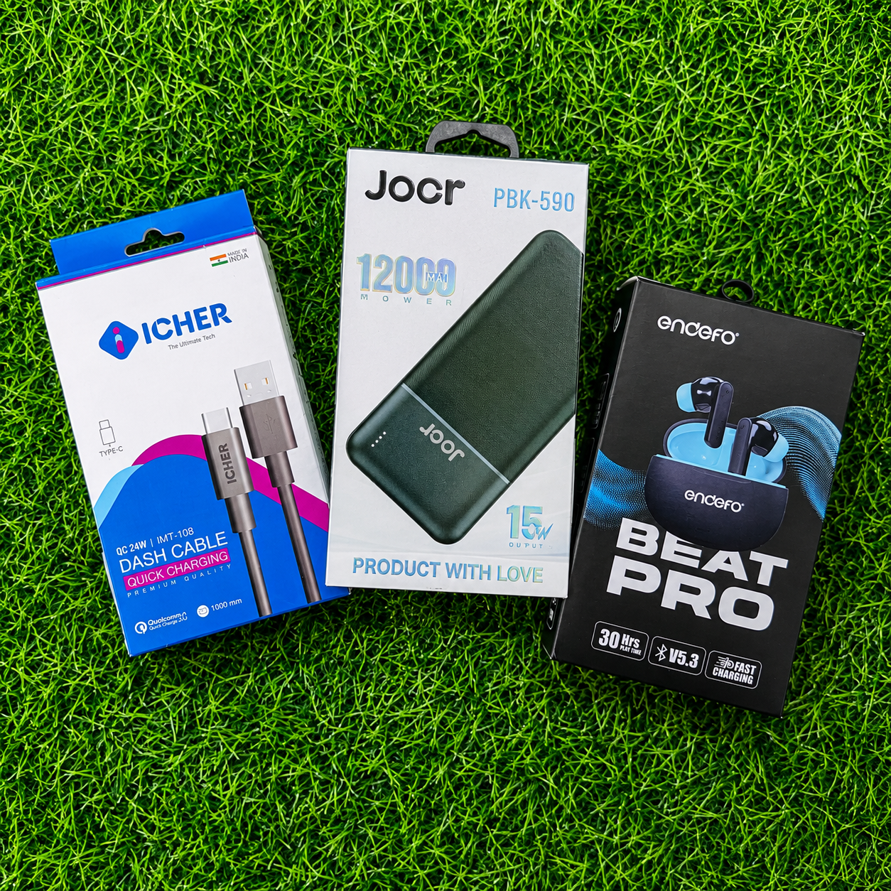 3-in-1 Ultimate Tech Combo Pack – Endefo Beat Pro TWS Earbuds (30H Playtime) + 12000mAh Power Bank (15W) + Type-C Fast Charging Cable (2.4A)
