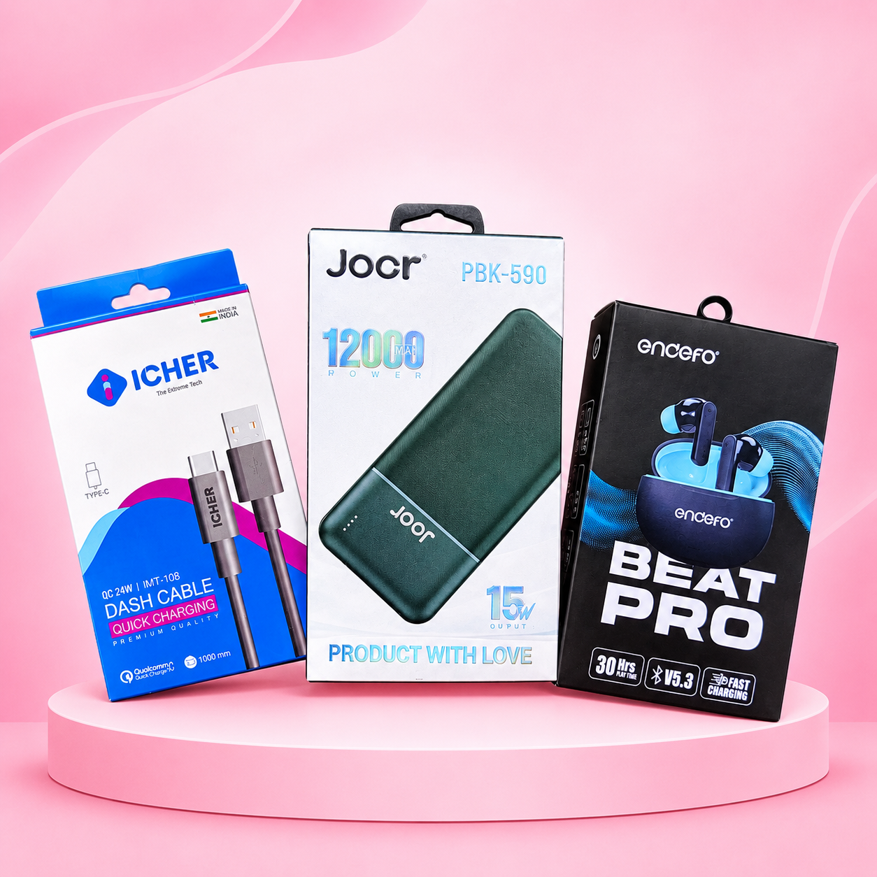 3-in-1 Ultimate Tech Combo Pack – Endefo Beat Pro TWS Earbuds (30H Playtime) + 12000mAh Power Bank (15W) + Type-C Fast Charging Cable (2.4A)