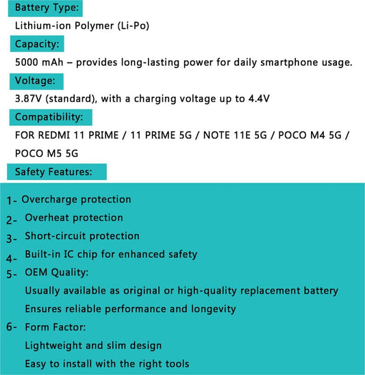 BN5H Battery for Redmi 11 Prime / Poco M5 / Poco M4 5G – 5000mAh High-Capacity Replacement Battery