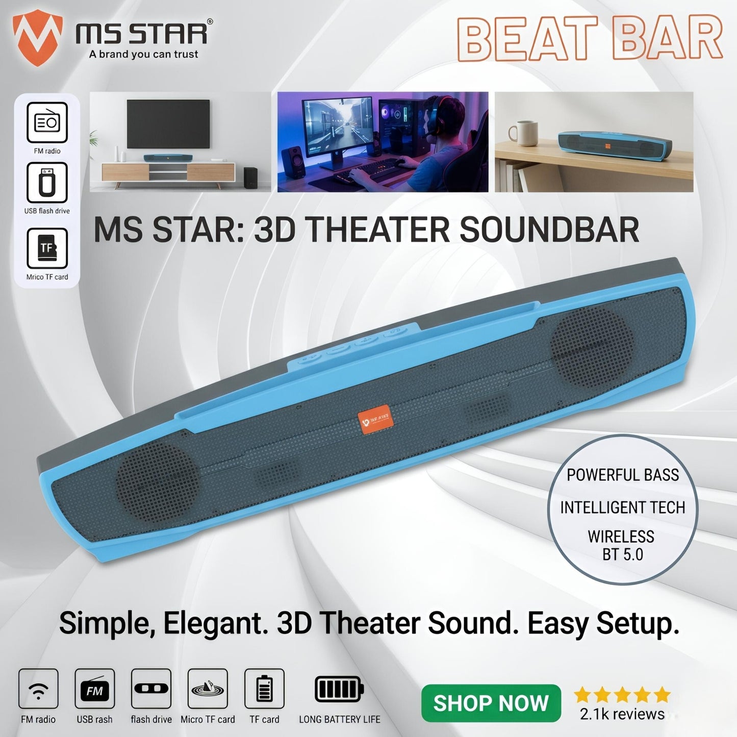 MS STAR Beat Bar Wireless Soundbar – 3D Theater Sound with Deep Bass & BT 5.0
41