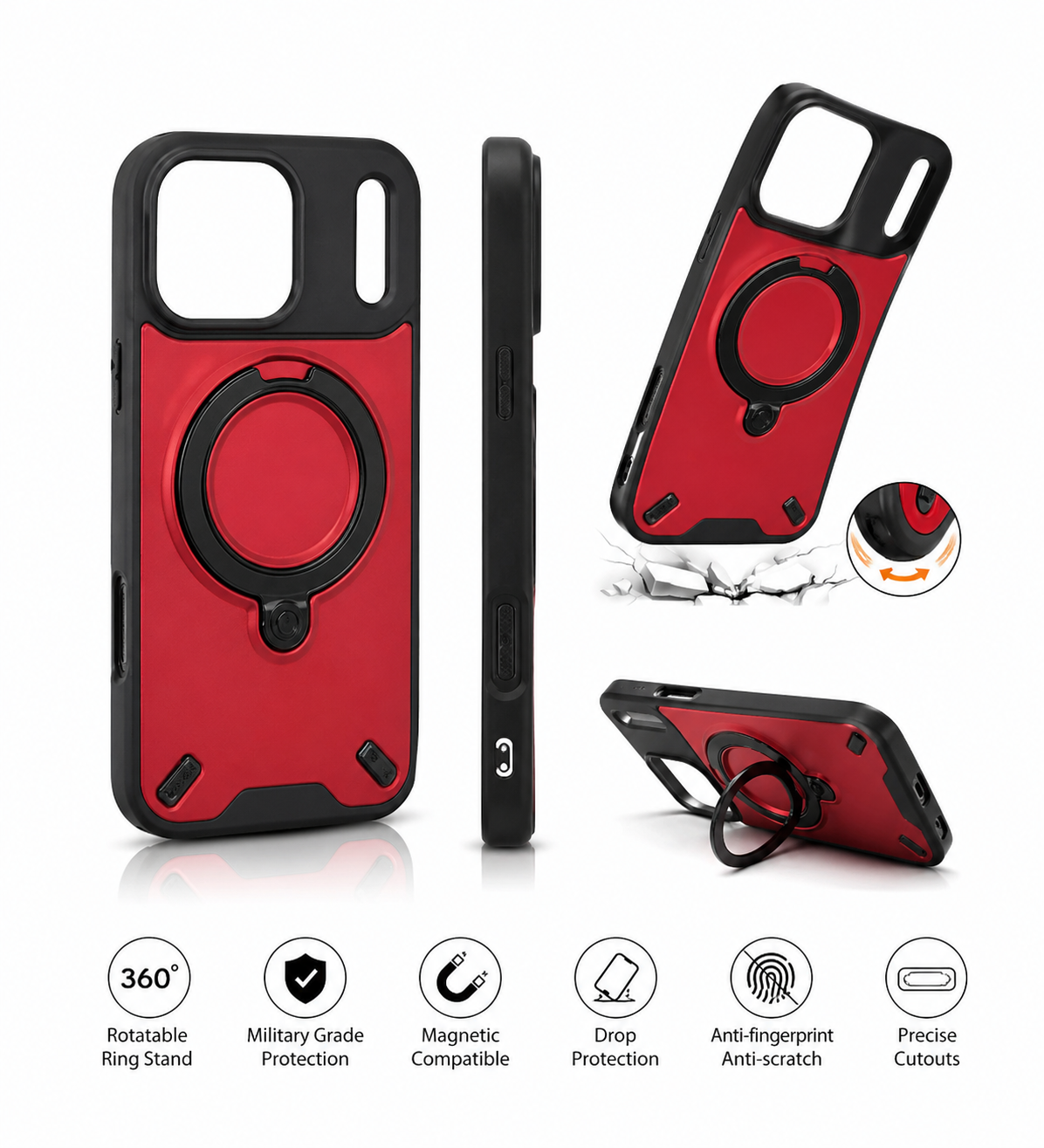 iPhone 17 Pro Magnetic Ring Stand Shockproof Case | 360° Rotating Holder | Military Grade Protection | Anti-Scratch Back Cover