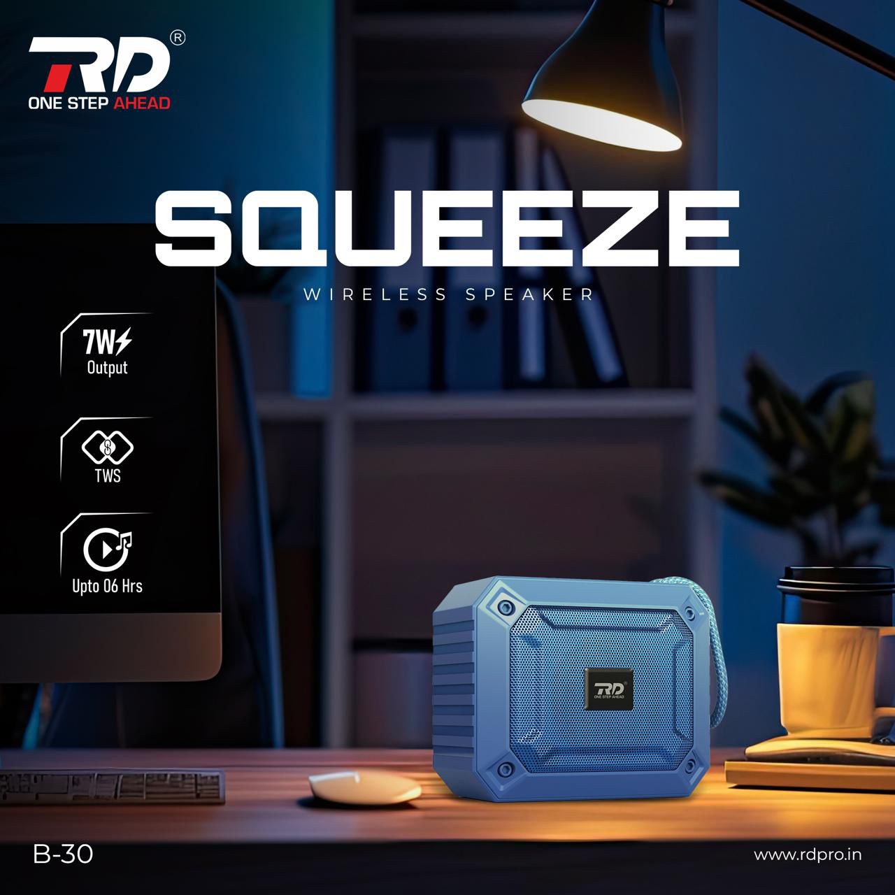 RD Squeeze B-30 Wireless Bluetooth Speaker | 7W Output | TWS Stereo | Up to 6 Hours Playtime | Portable Rugged Speaker