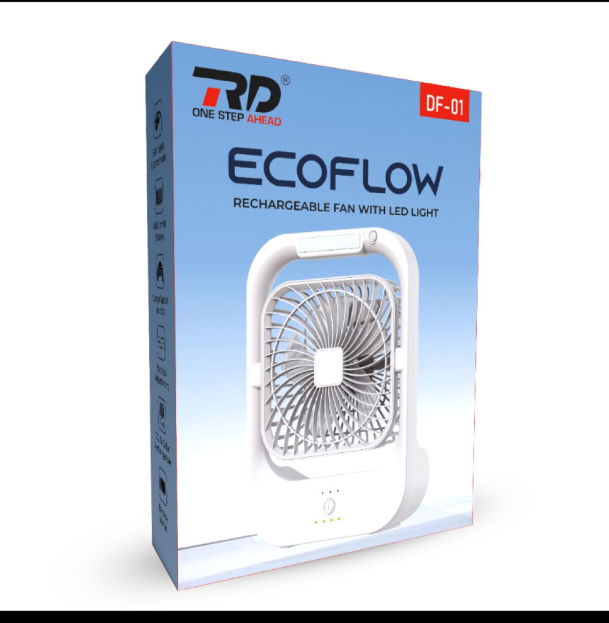 RD Ecoflow DF-01 Rechargeable Fan with LED Light – 4000mAh Battery & Solar Charging Support