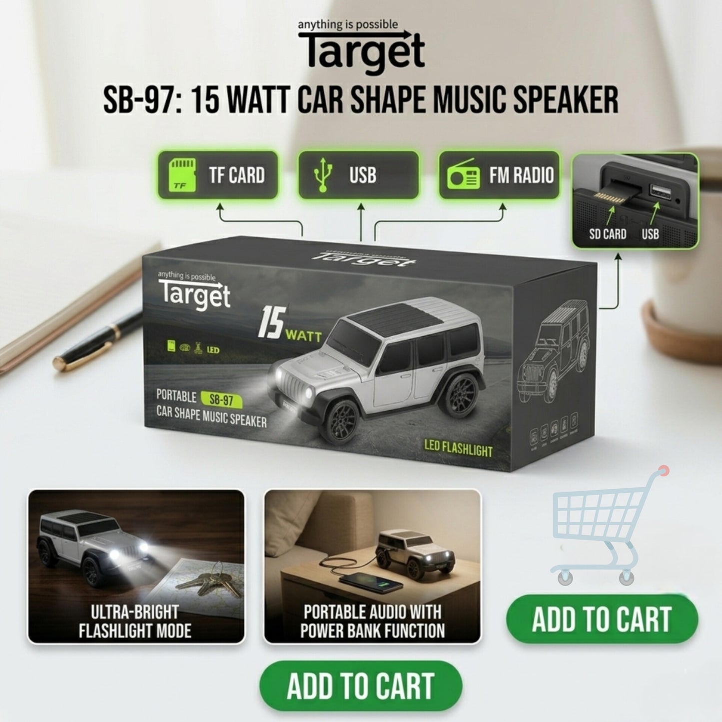 Target SB-97 Portable Car Shape Wireless Speaker – 15W Output with LED Flashlight