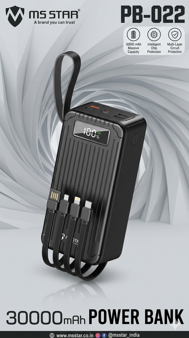 MS Star PB-022 30000mAh Power Bank – 22.5W Fast Charging with Integrated 3-in-1 Cable