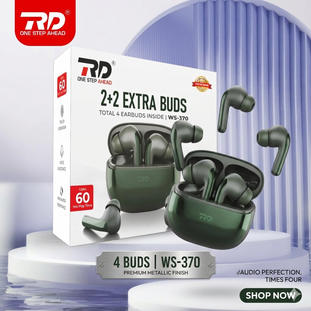 RD WS-370 2+2 Extra Buds – Total 4 Earbuds Included with 60 Hours Playtime