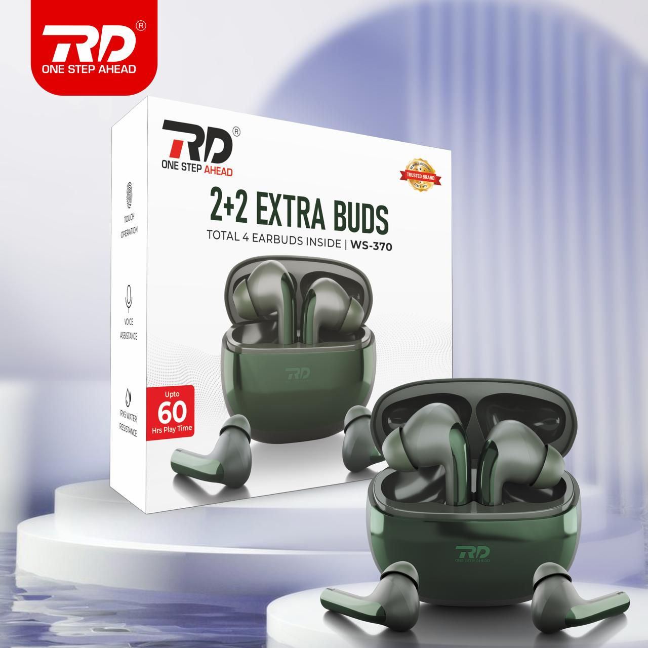 RD WS-370 2+2 Extra Buds – Total 4 Earbuds Included with 60 Hours Playtime