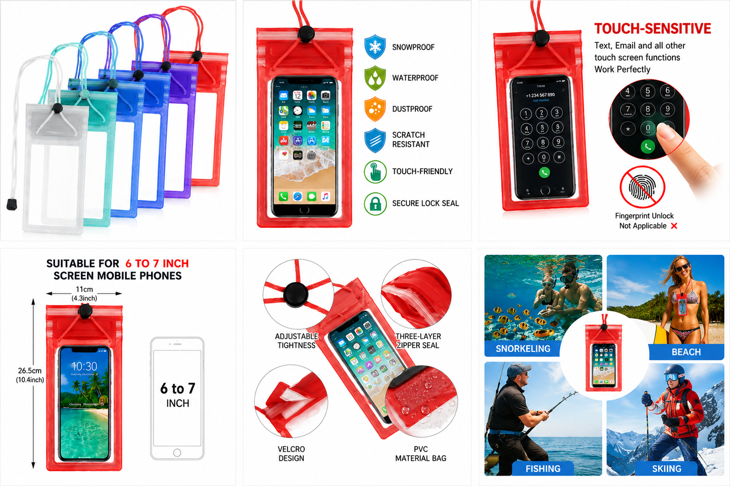 Universal Waterproof Mobile Pouch Cover (Pack of 5) – Touch Sensitive Dry Bag for Smartphones up to 7 Inches