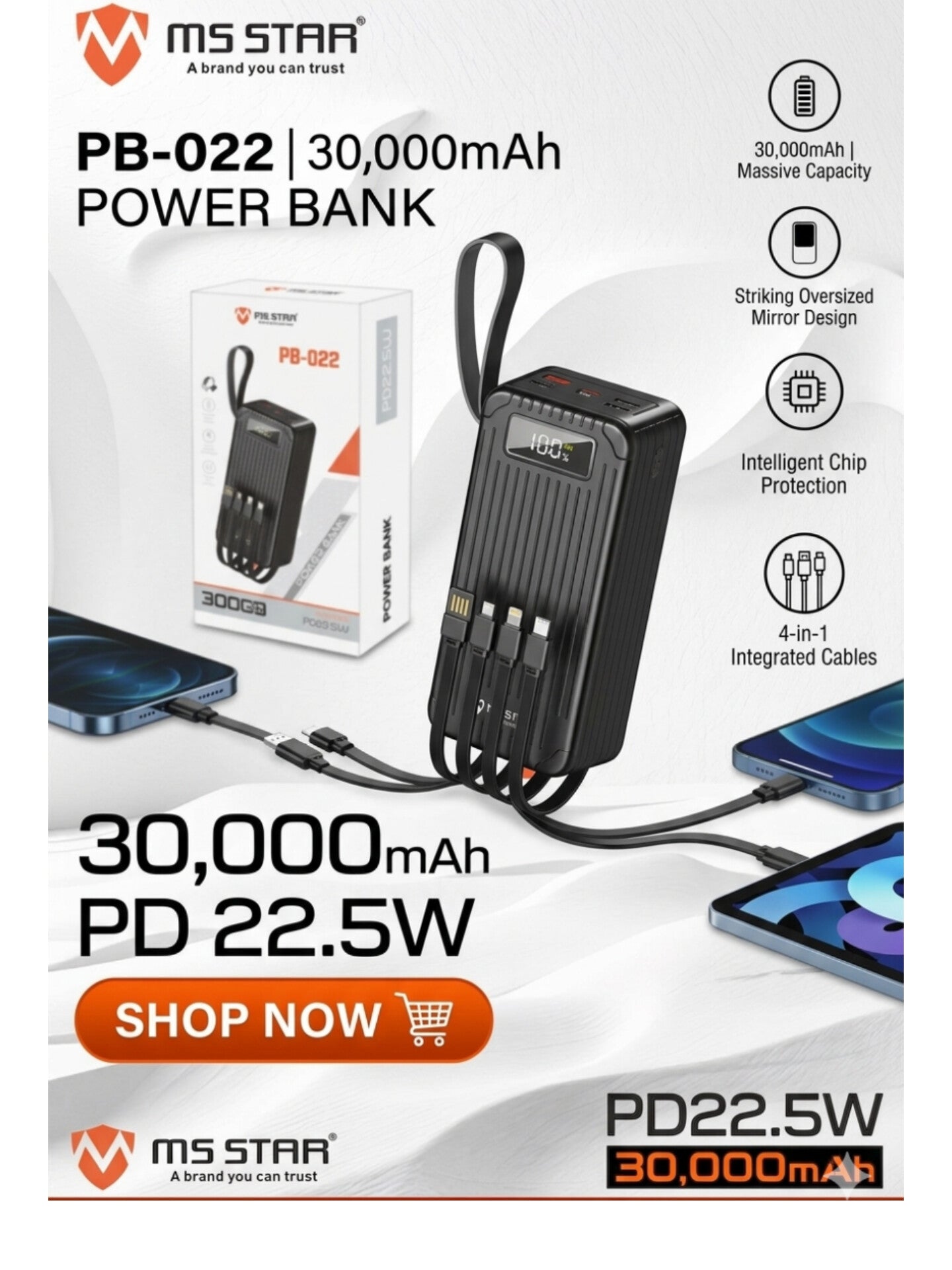 MS Star PB-022 30000mAh Power Bank – 22.5W Fast Charging with Integrated 3-in-1 Cable